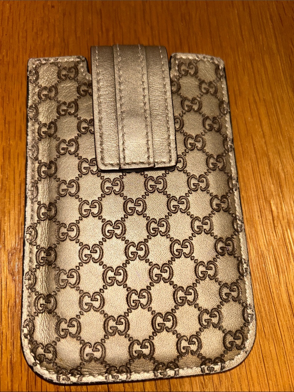 Gucci Metallic Silver GG Monogram Phone Sleeve with Strap